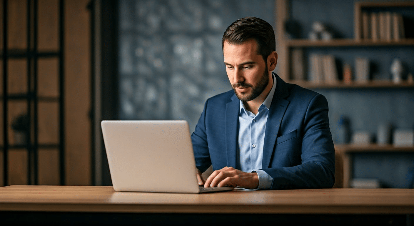 A marketer reviewing AI-generated Facebook posts in a bright workspace