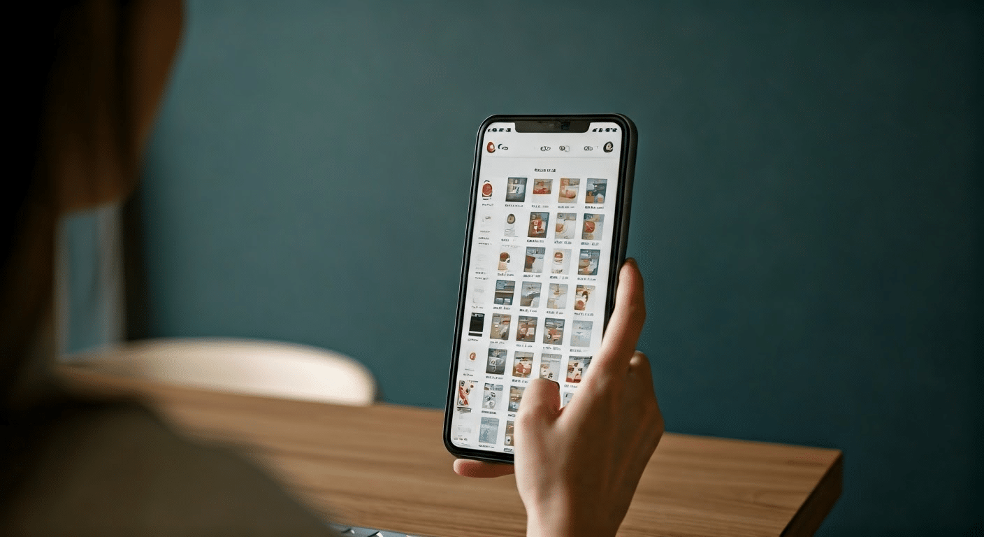 A social media manager scheduling Instagram posts using a feed planner in a modern office with soft morning light.