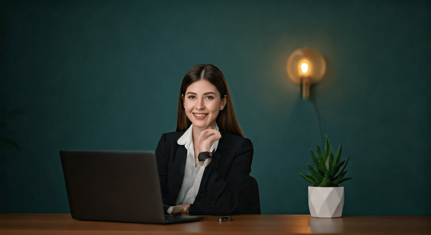 A young creator using an Instagram caption generator on a laptop in a home office.