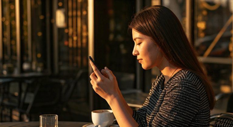 Add Location To Instagram - Woman adding a location to her Instagram post while sitting at an outdoor cafe during golden hour.