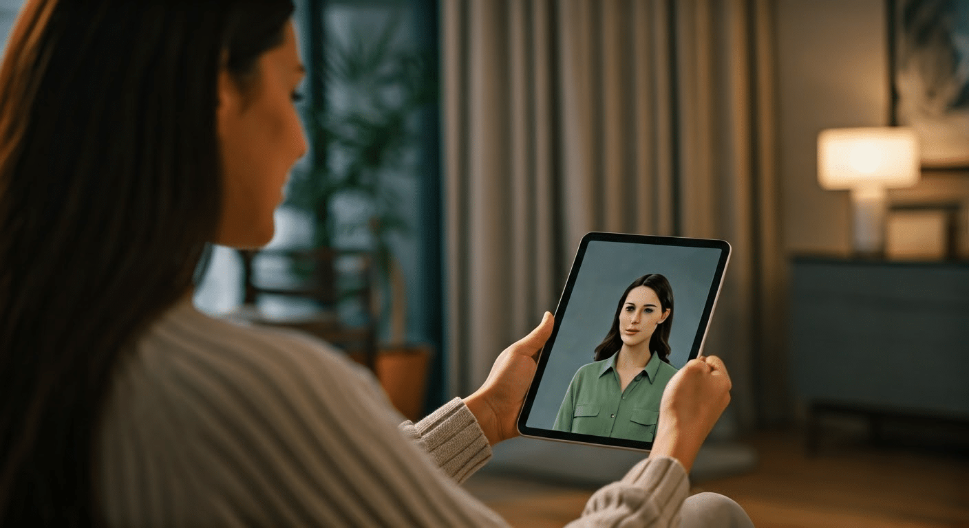 Woman interacting with an AI influencer avatar on a tablet in a contemporary home