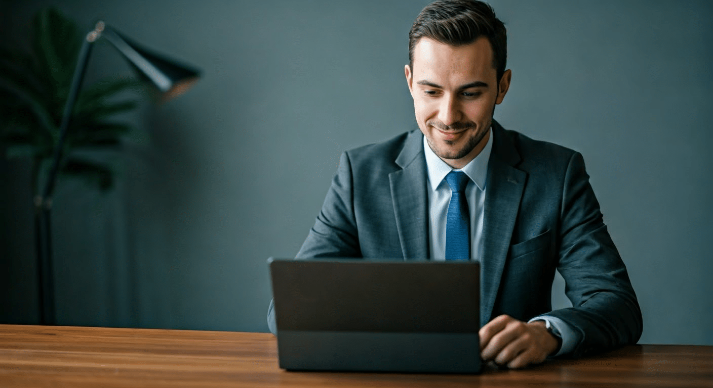 An influencer in a home office setting following an Instafollowers tutorial on a laptop.