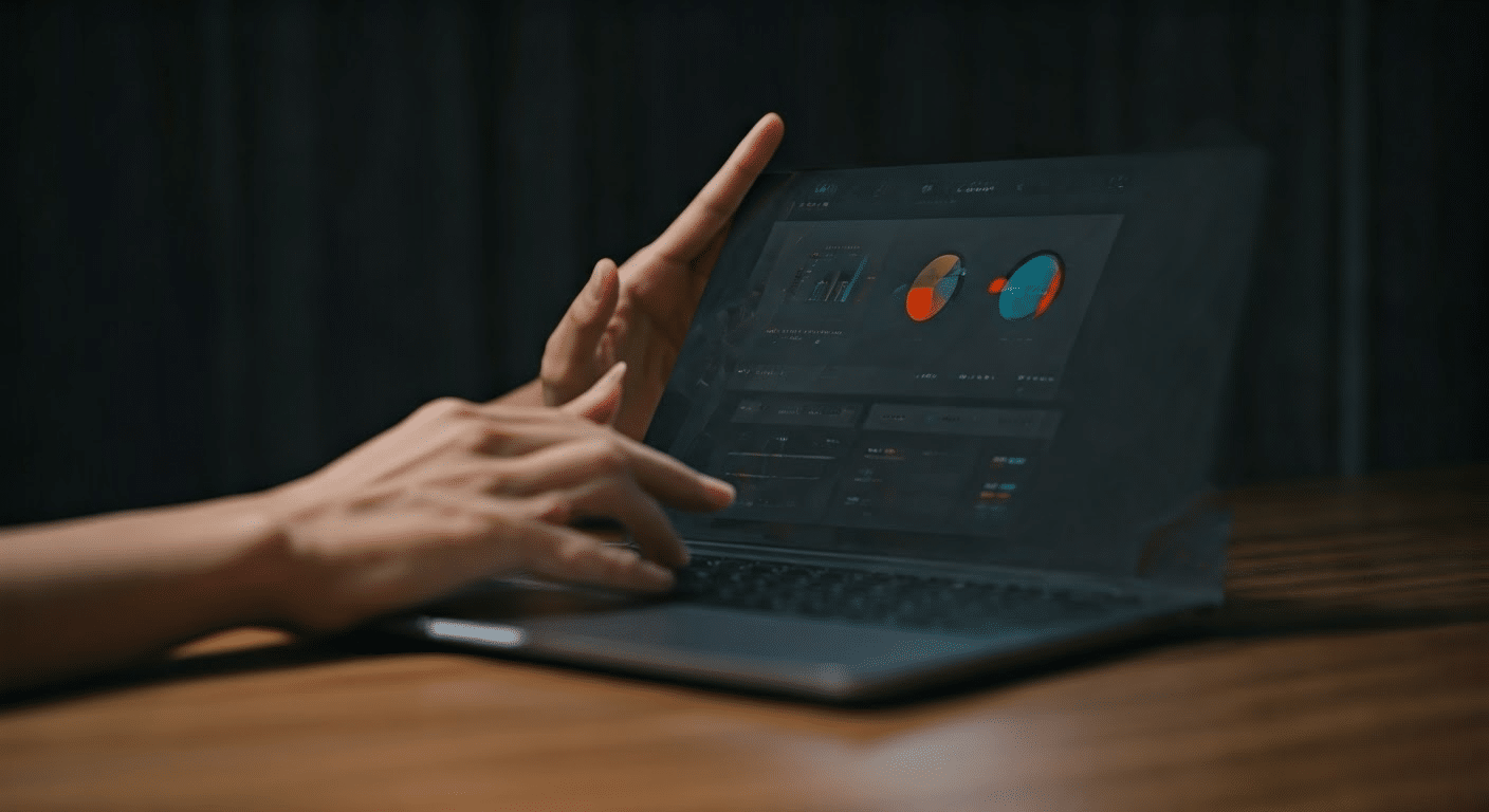 Close-up of hands using analytics dashboard