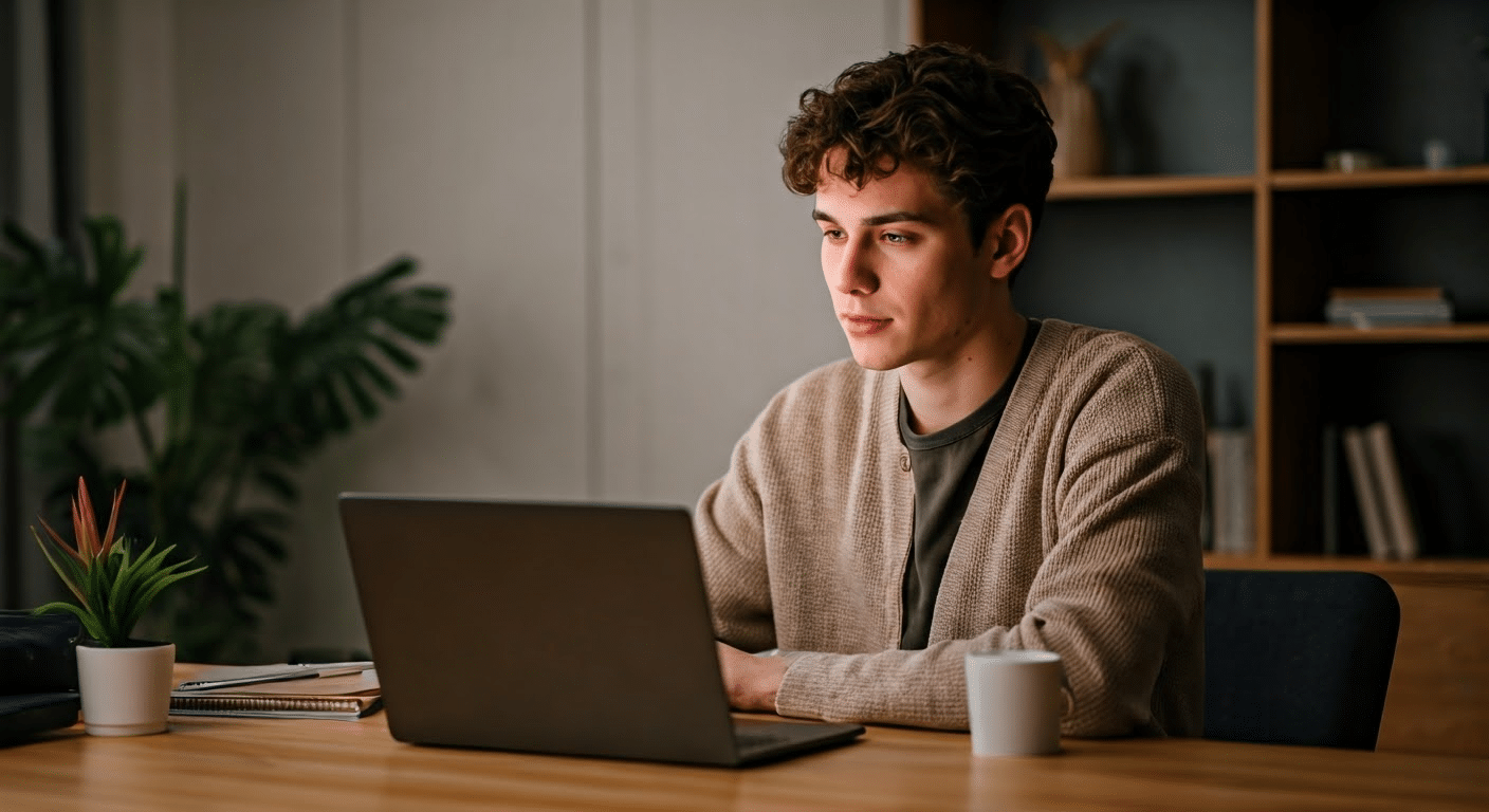 An influencer actively tracking social media follow backs on a laptop in a modern setting