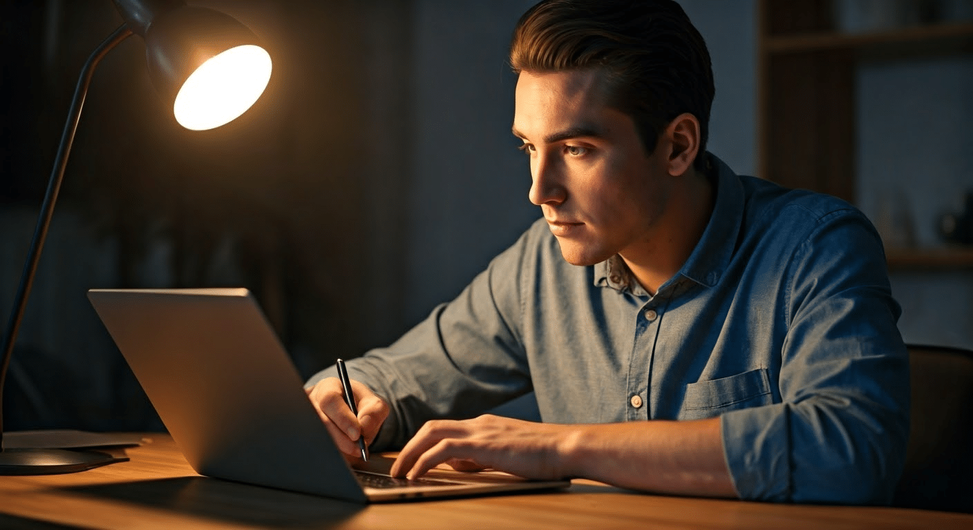 How To Make A Good Hook - Author crafting an engaging hook for an essay under warm desk lamp lighting.