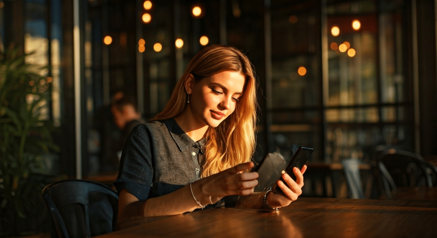 ig followers - influencer interacting with Instagram followers on phone in a lively cafe