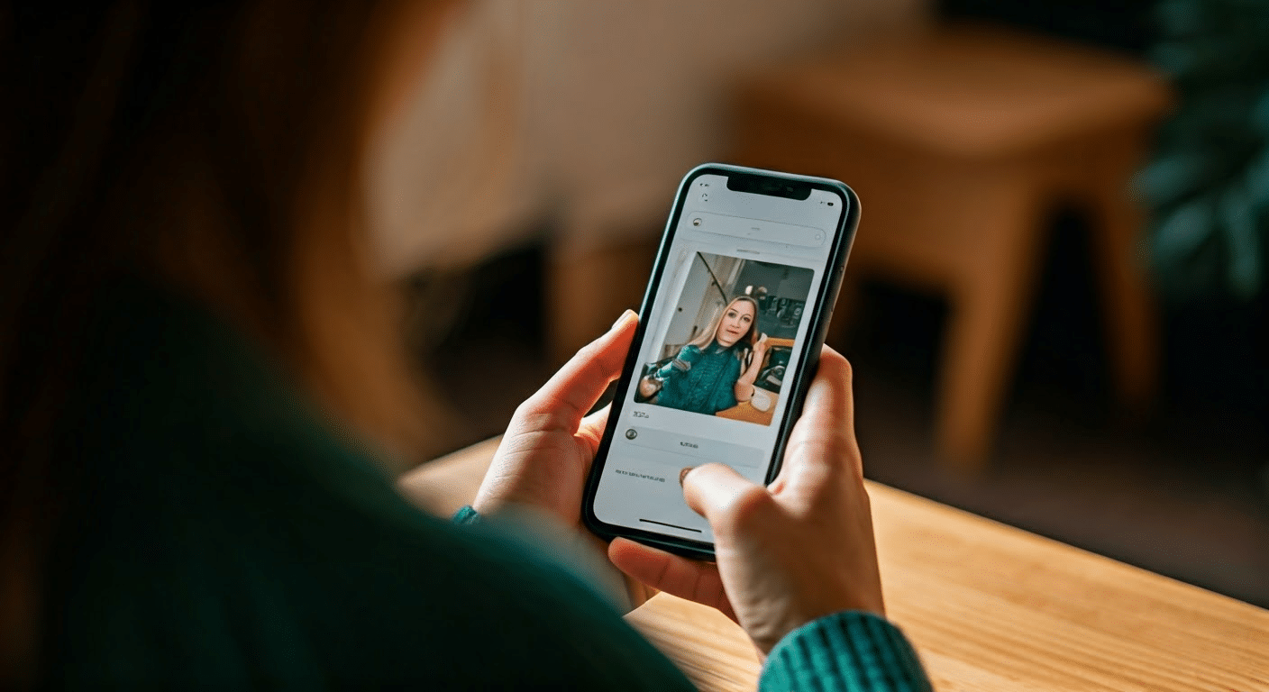 A person using an Instagram caption generator on a smartphone in a cozy cafe.