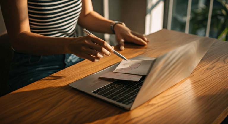 An influencer using a laptop to organize their Instagram feed planner in a vibrant cafe setting during golden hour.