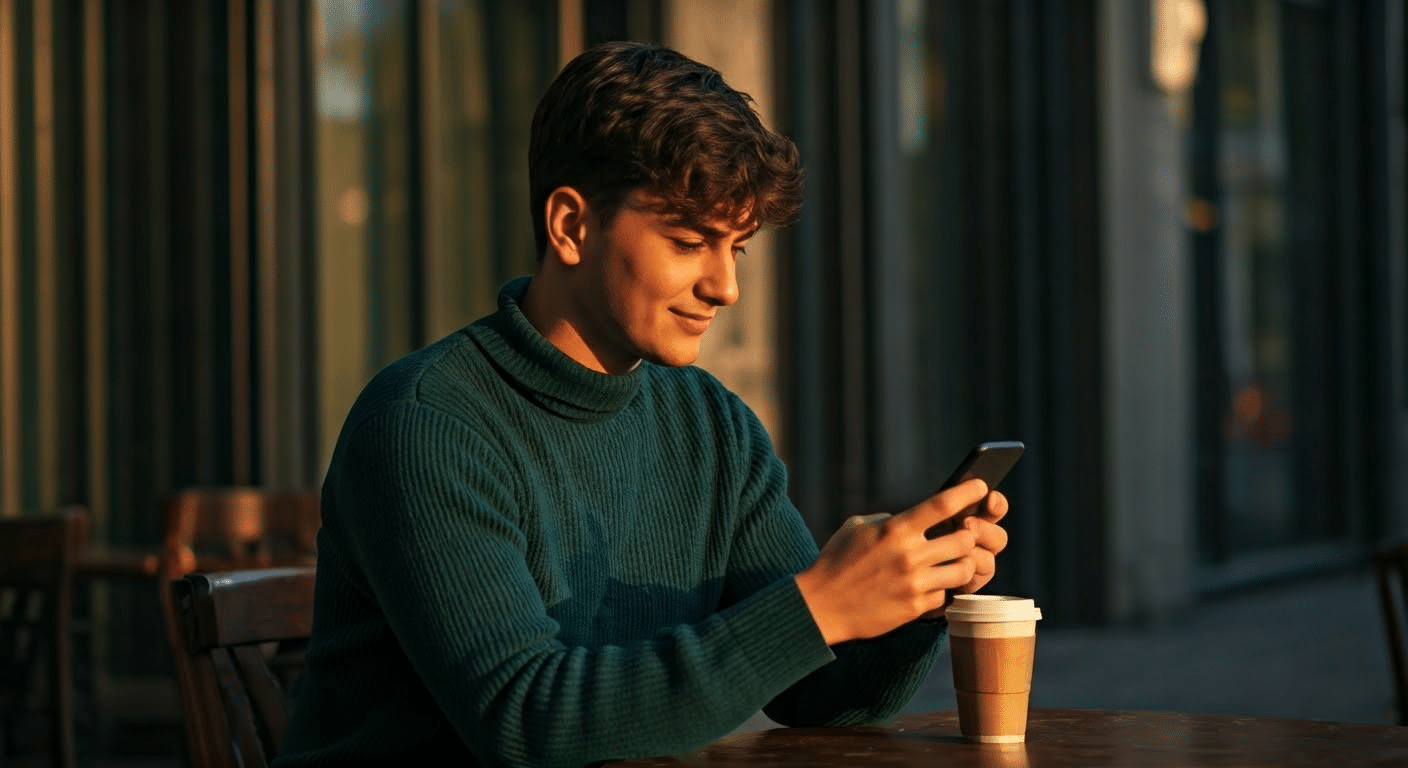 An influencer in a vibrant city cafe checking an Instagram followers app on their smartphone during golden hour.