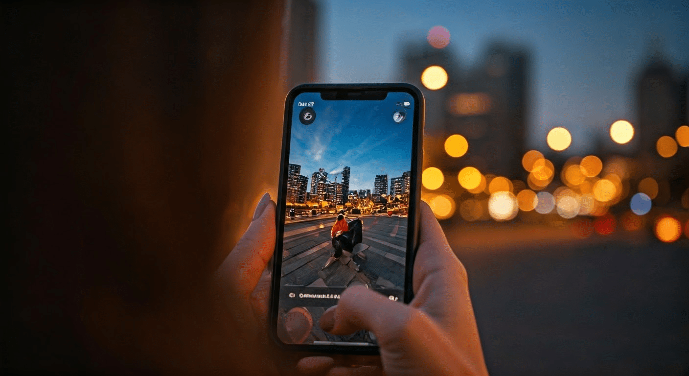 A person using an Instagram story viewer app in a city at night