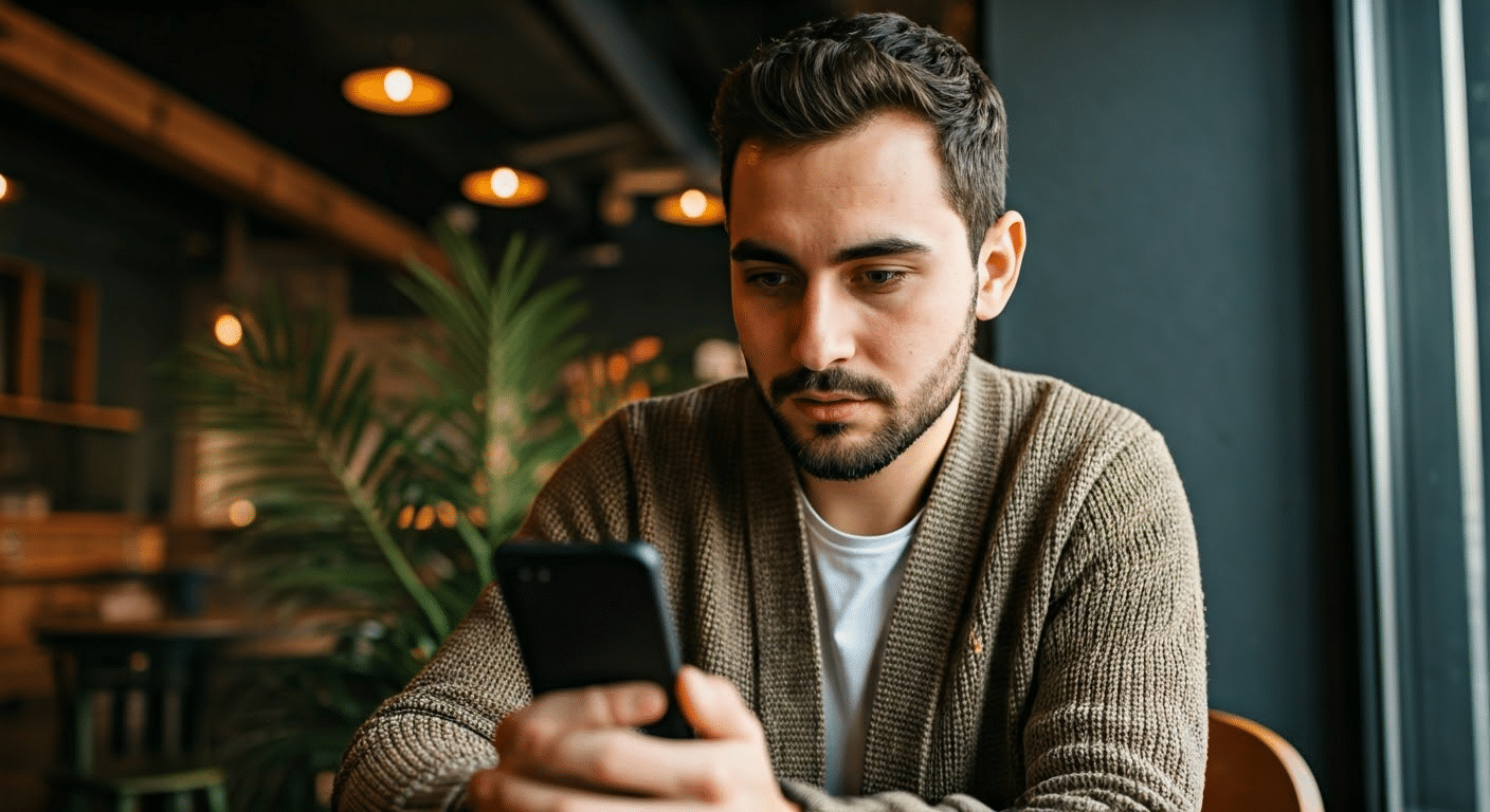 Professional using Instagram unfollow app in a cozy café during golden hour