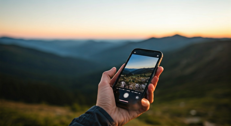 Nature Captions For Instagram - A hiker crafting a nature caption for Instagram with a stunning mountain view at golden hour.