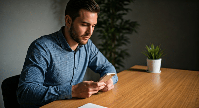 Unfollowers Instagram - Person reviewing Instagram unfollowers data on smartphone in a well-lit office setting.