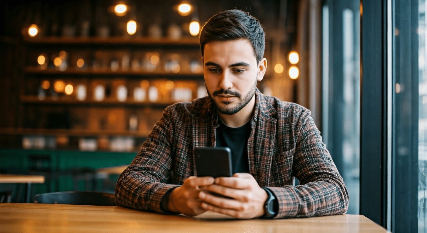 Person reviewing unfollowers app on phone in a bright coffee shop