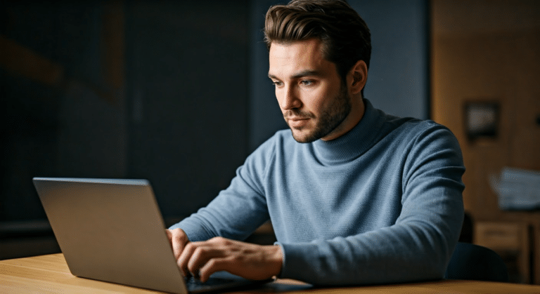 A digital marketer using a YouTube title analyzer tool on a laptop