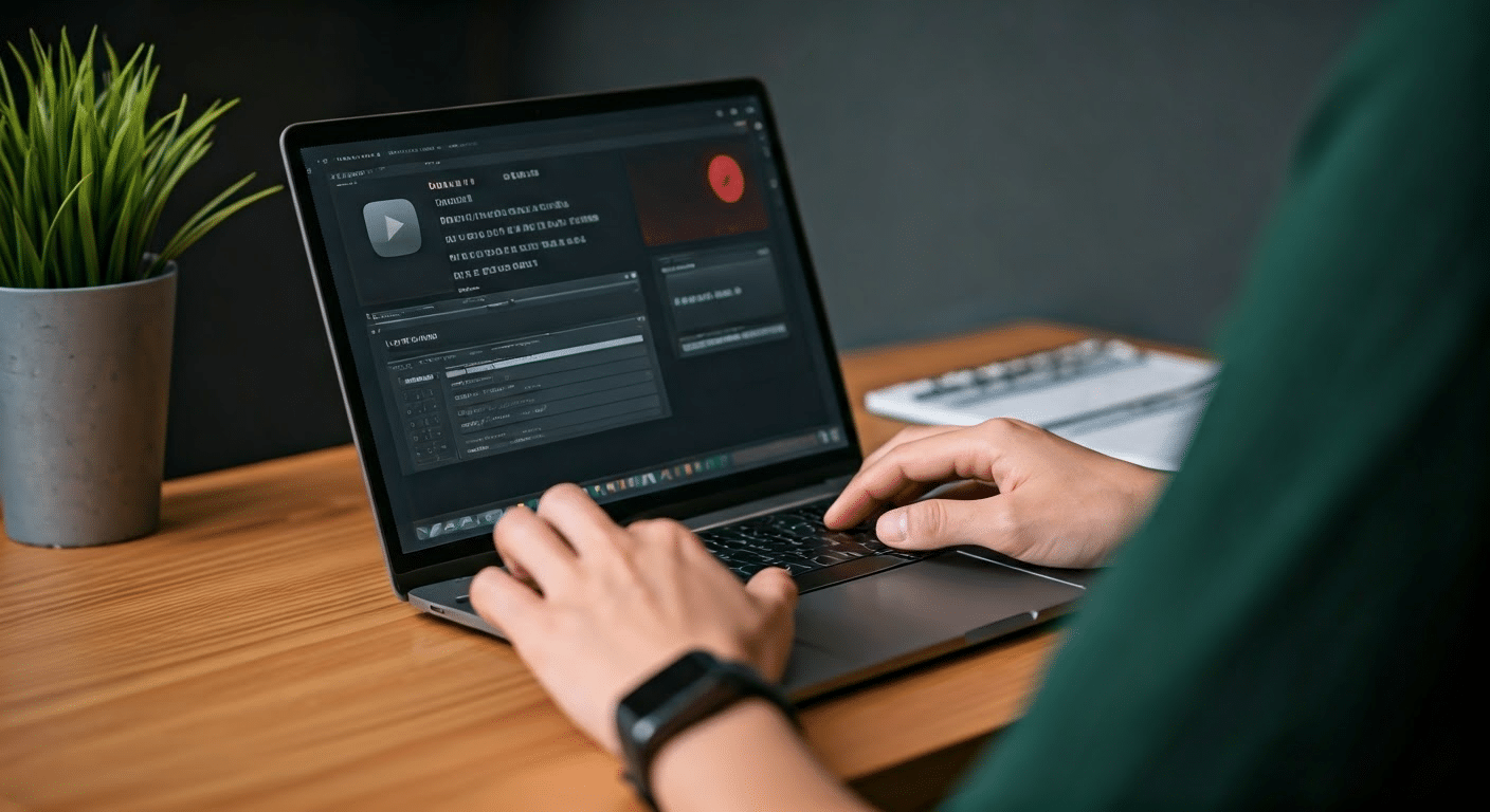 A content creator actively using a YouTube title generator on a laptop at a desk