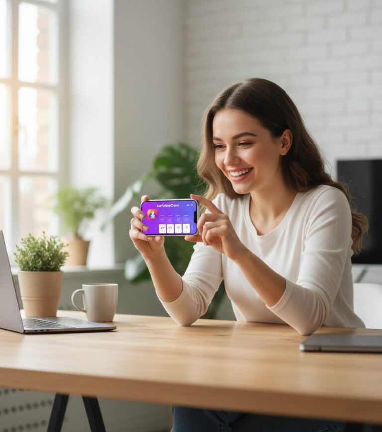 Happy person holding smartphone checking Instagram follower stats with UnfollowGram App