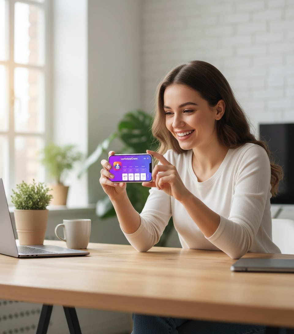 Happy person holding smartphone checking Instagram follower stats with UnfollowGram App