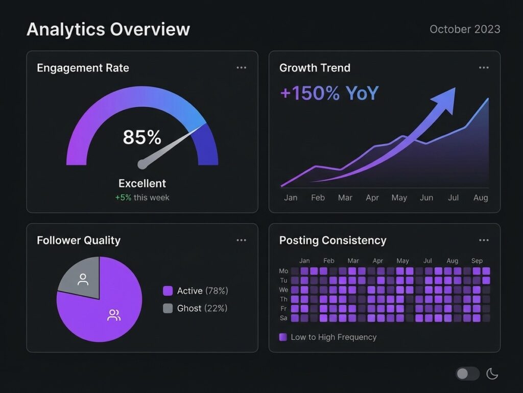 Dashboard-style visualization showing key Instagram account health metrics including engagement rate, growth trend, follower quality, and posting consistency