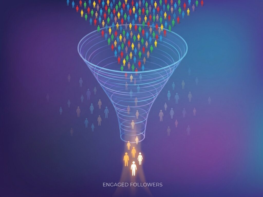 Illustration of a funnel showing casual followers filtering out while engaged followers remain at the bottom, representing natural audience refinement on Instagram