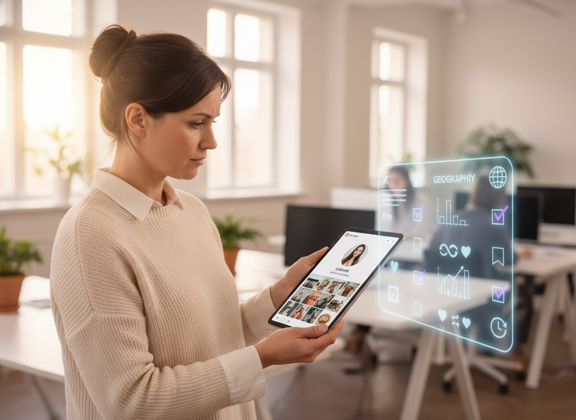 How to Verify Instagram Follower Data: A marketing professional or brand manager holding a tablet displaying an Instagr