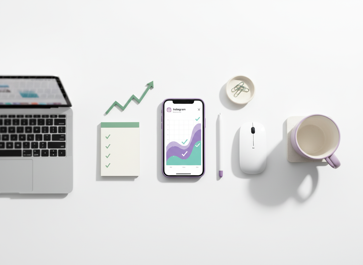 Follower Analytics for Business Accounts: Professional flat lay photography, birds-eye view of organized tech workspace wi