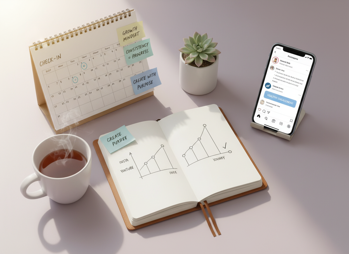 Follower Count Freshness Explained: Overhead view of a content creator's organized workspace showing a notebook with