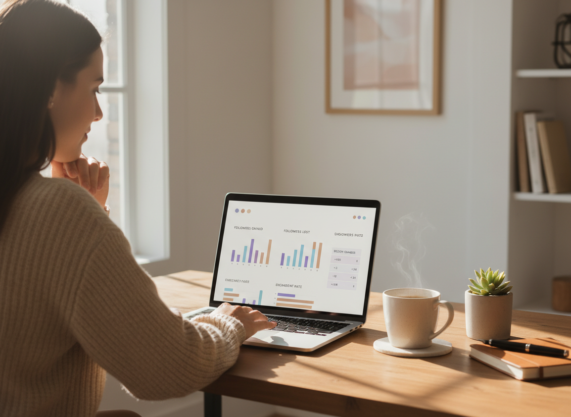 Block vs Unfollow vs Restrict on Instagram: A person sitting at a desk in a calm, well-lit workspace, looking at their lapto