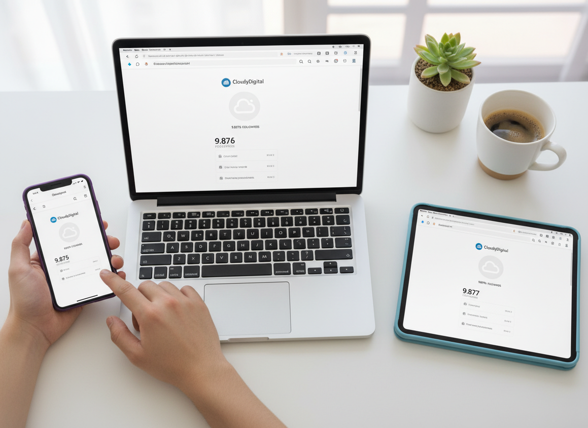 Follower Count Freshness Explained: Flat lay photography style image showing three devices on a clean white desk: an