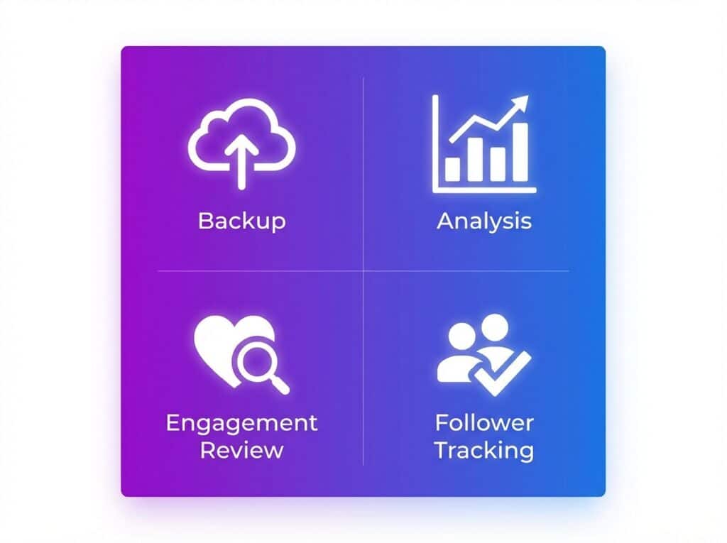 Infographic showing four practical uses of Instagram data export: backup, analysis, engagement review, and follower tracking