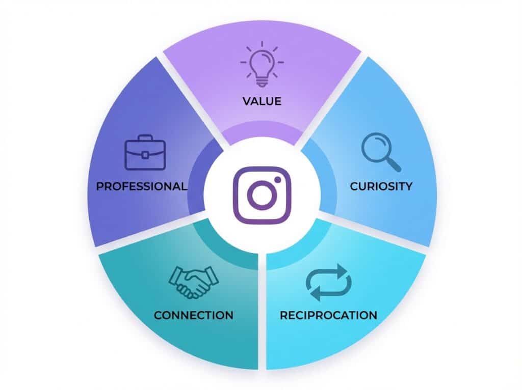 Diagram showing five main motivations for following Instagram accounts arranged in a circular pattern with icons representing value, curiosity, reciprocation, personal connection, and professional interest