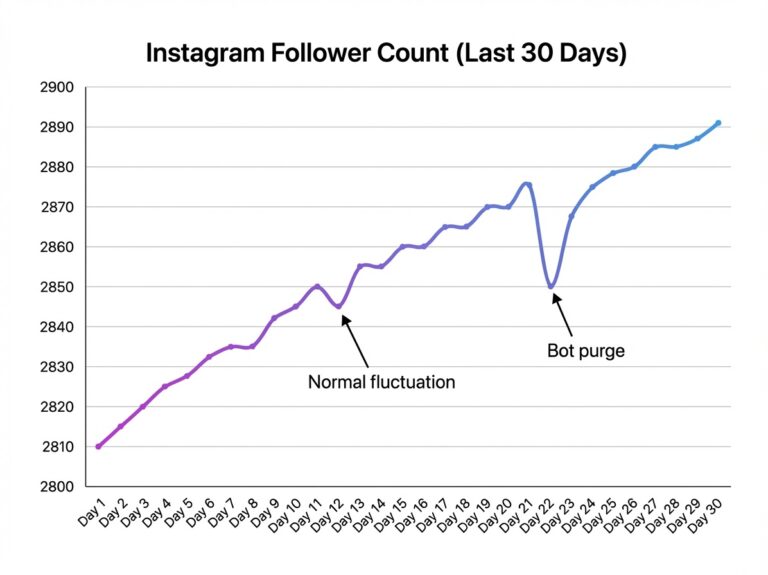 Graph showing typical Instagram follower count over 30 days with small daily ups and downs that trend slightly upward overall