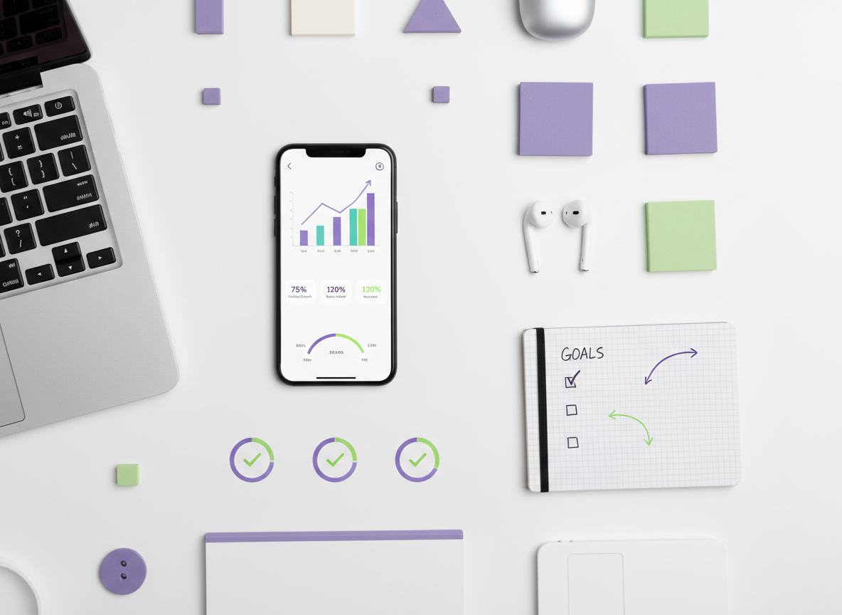 Setting Up Follower Growth Goals: Professional flat lay photography, birds-eye view of organized tech workspace wi