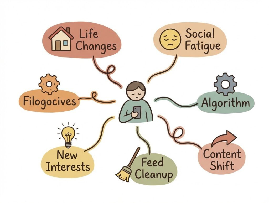 Mind map illustration showing a central figure surrounded by multiple branching reasons why someone might unfollow, including life changes, content shifts, social fatigue, and algorithm effects