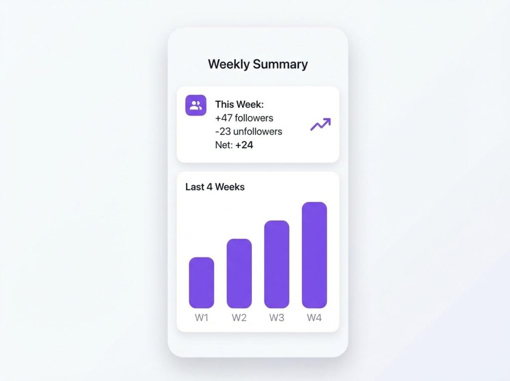 Dashboard showing weekly follower tracking with net gain/loss summary instead of daily obsession