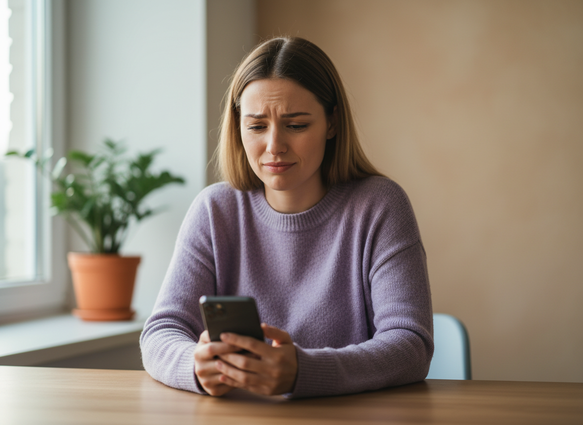How to Handle Being Unfollowed Gracefully: Professional lifestyle photography, young woman in her early 30s sitting at a mi