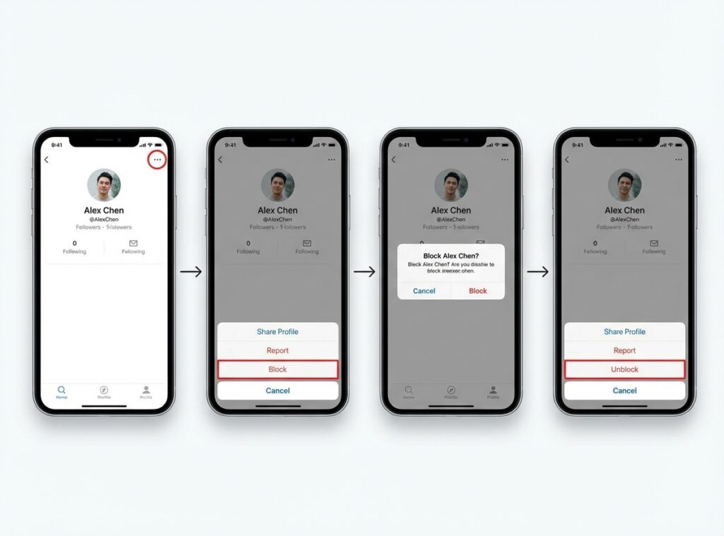 Step by step visual guide showing how to soft block someone on Instagram through the block and unblock process