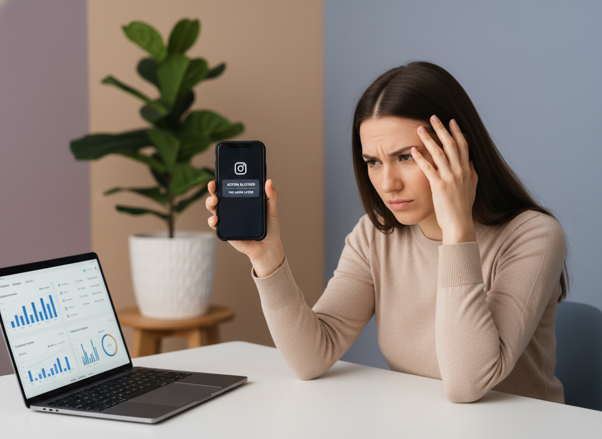 How Tracker Apps Can Trigger Instagram Bans: A frustrated person sitting at a desk looking at their phone which displays the