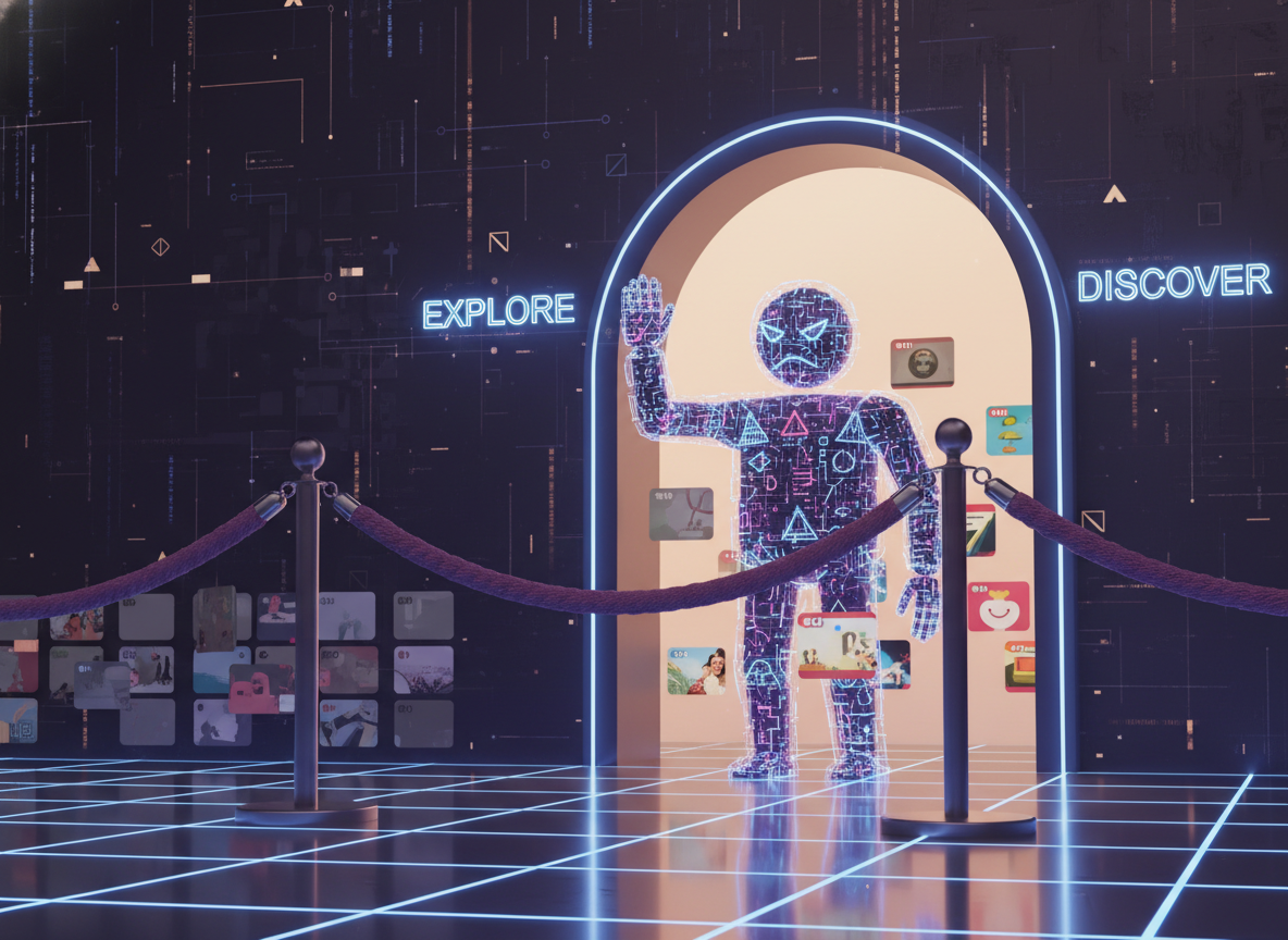 Instagram Shadowban Signs and Fixes: A conceptual illustration showing a velvet rope barrier at the entrance of a glo