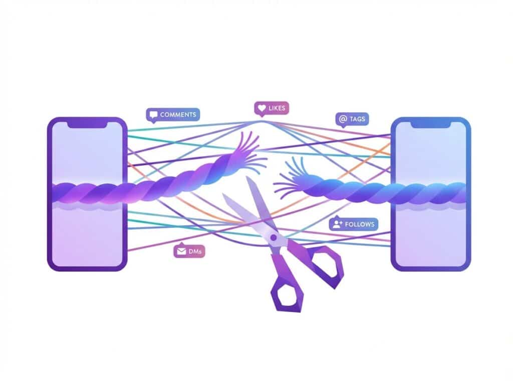 Illustration of tangled threads representing Instagram connections - comments, likes, tags, DMs - remaining connected even after the main follow link is cut