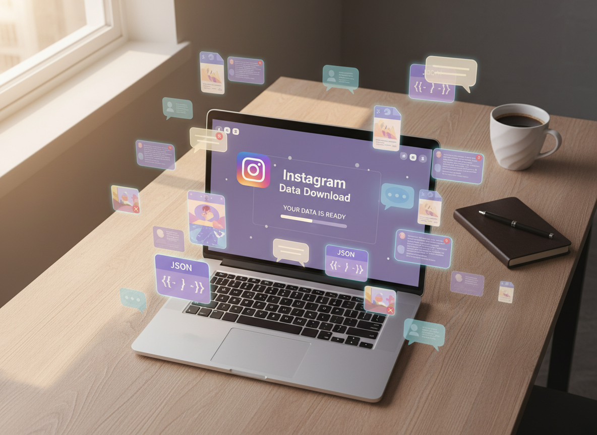 How Instagram Handles Data Access: Overhead view of a desk with a laptop showing an Instagram data download interfa