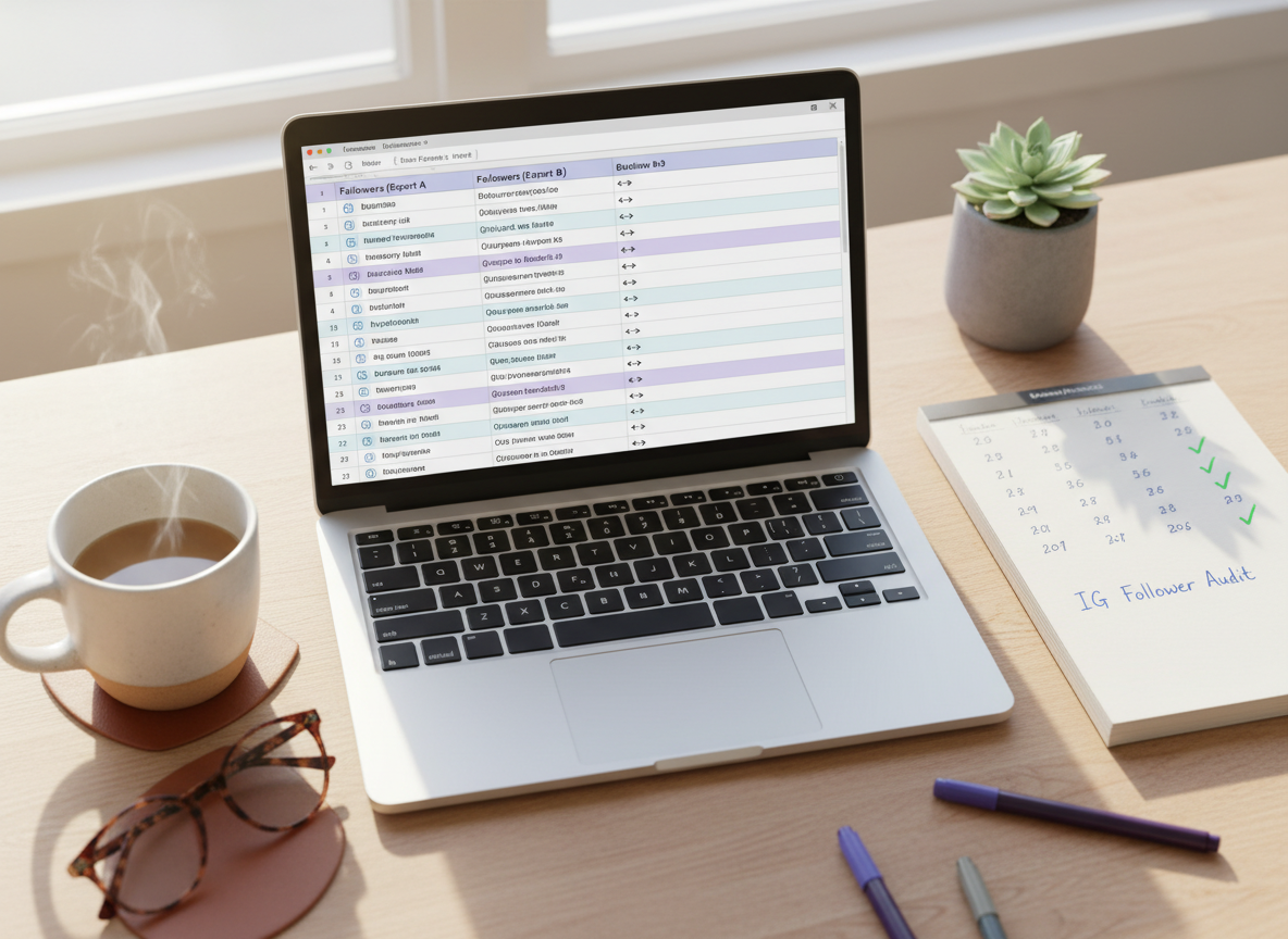 Safe vs Unsafe Instagram Trackers Explained: An overhead view of a workspace showing a laptop with two spreadsheet columns di