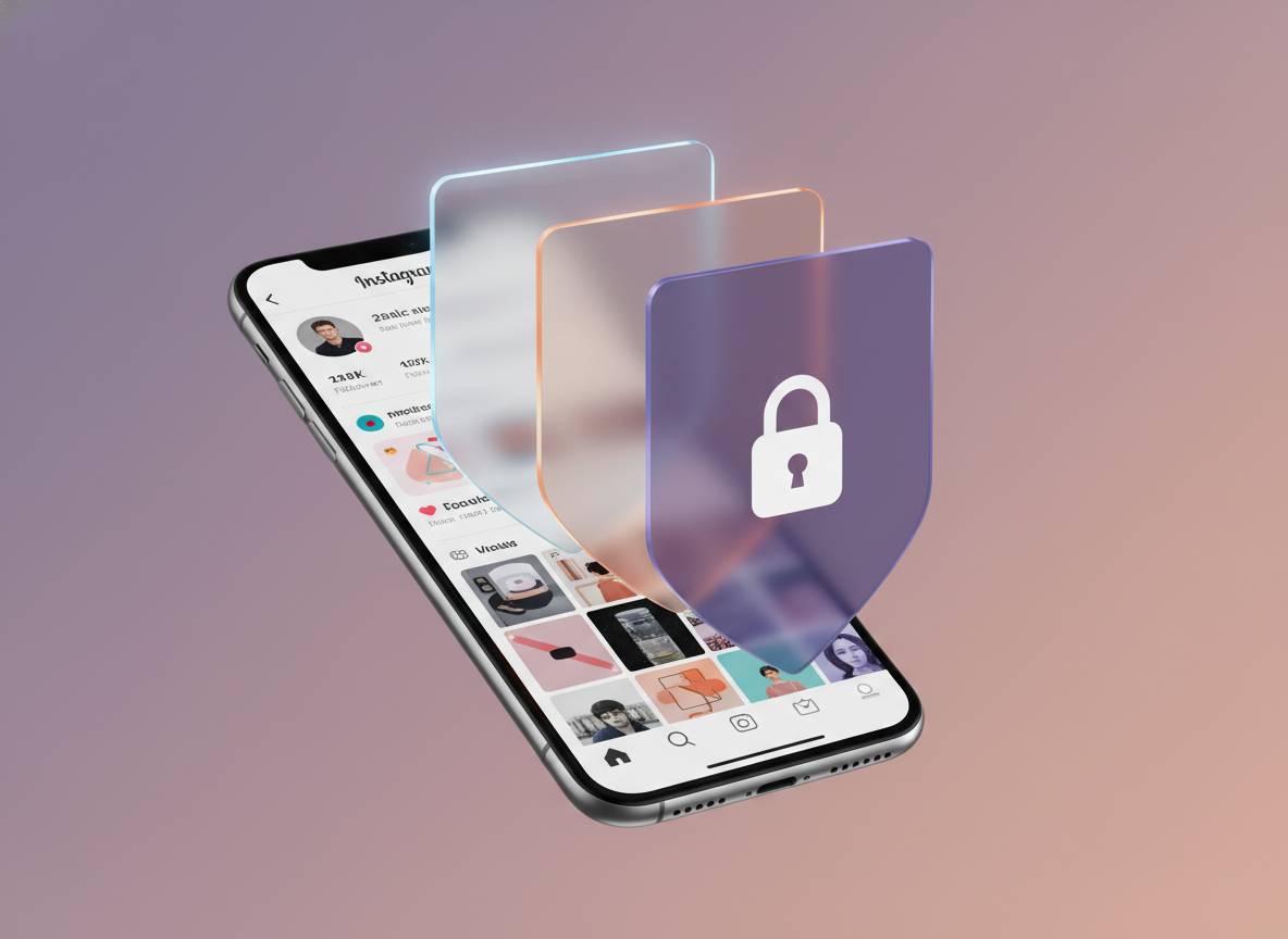 How Instagram Handles Data Access: A smartphone displaying the Instagram app interface with translucent layered shi