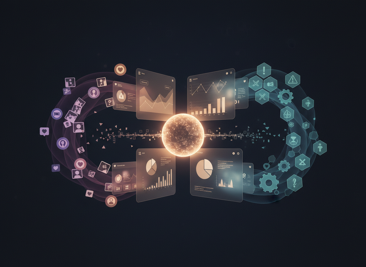 How to Verify Instagram Follower Data: An abstract visualization showing three distinct data streams flowing into a cen