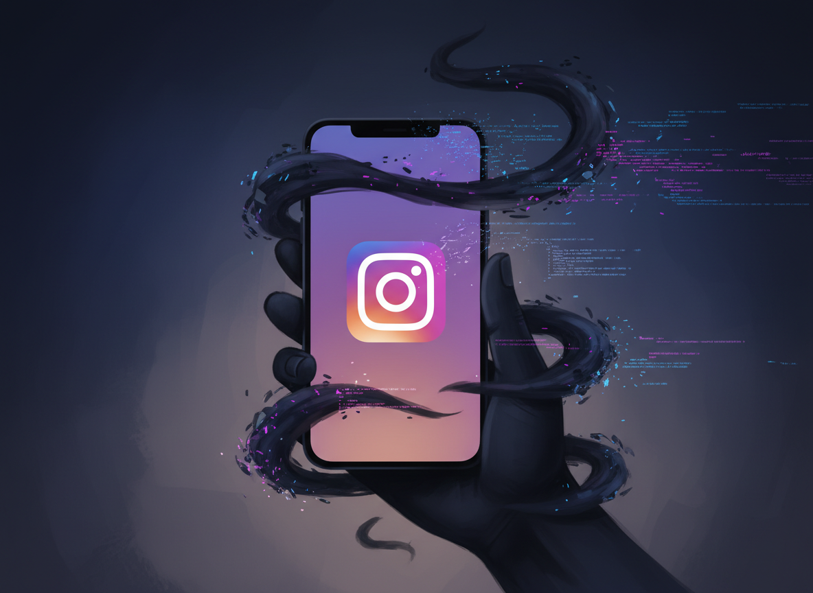 Instagram App Data Theft Risks Explained: A moody, atmospheric digital illustration showing a smartphone displaying the In