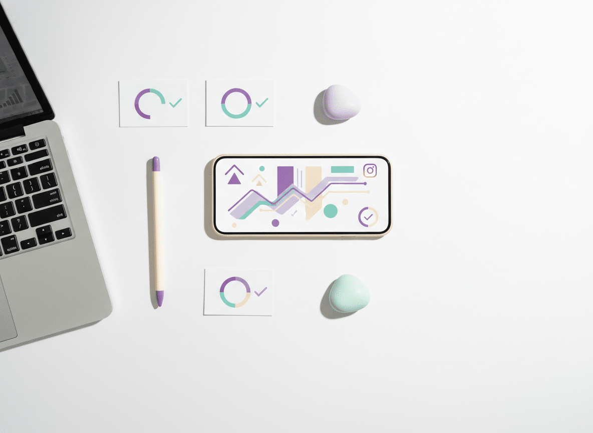 Instagram Follower Analytics Complete Guide: Professional flat lay photography, birds-eye view of organized tech workspace wi