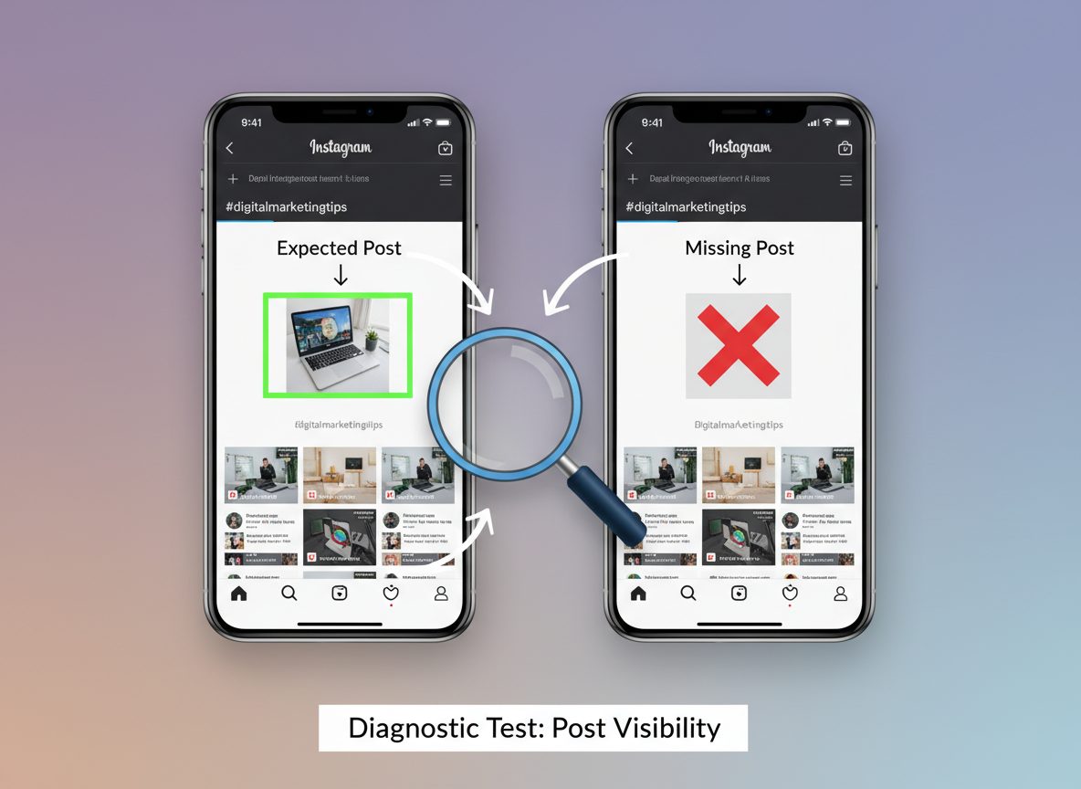 Instagram Shadowban Signs and Fixes: A split-screen view showing two smartphone screens side by side. The left screen