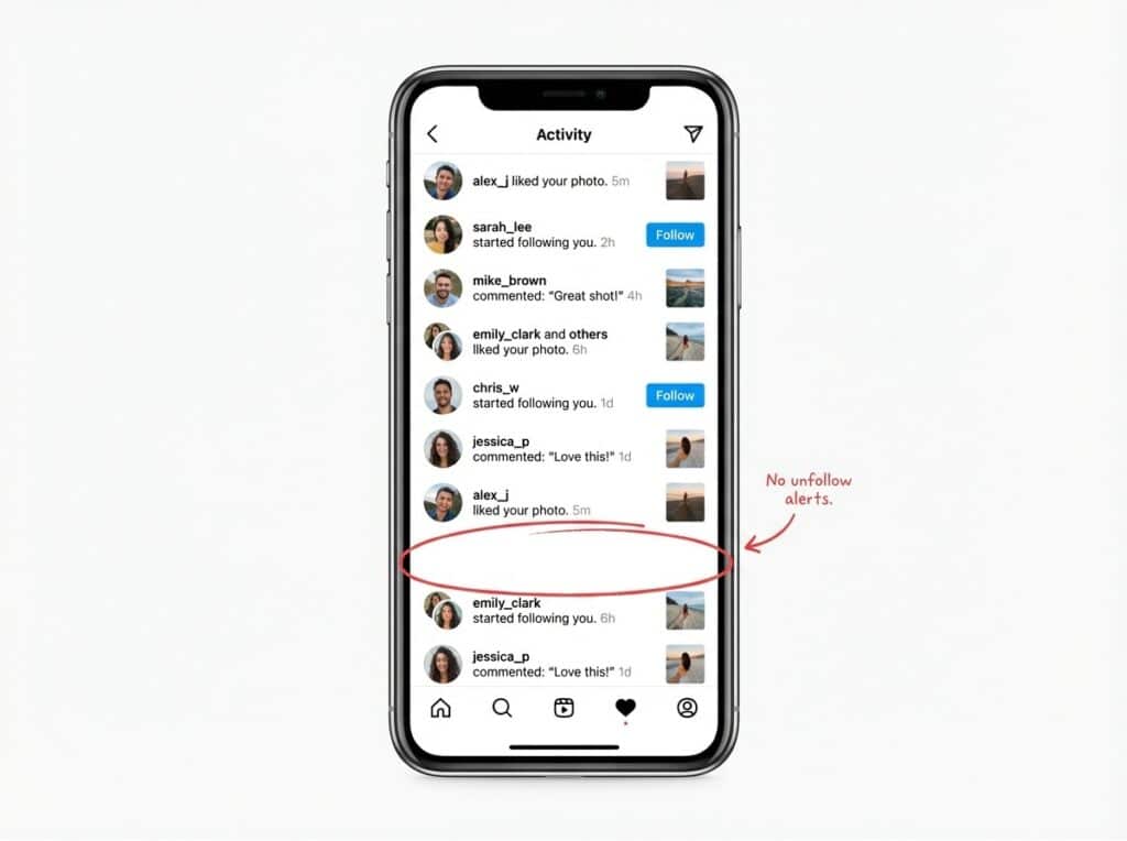Instagram notification screen showing various alerts for likes, comments, and new followers but no unfollow notifications