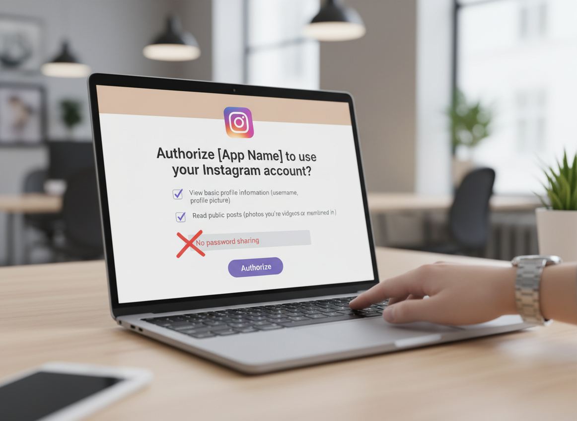 Privacy Friendly Instagram Analytics Explained: A close-up view of a laptop screen showing a stylized OAuth permission req...