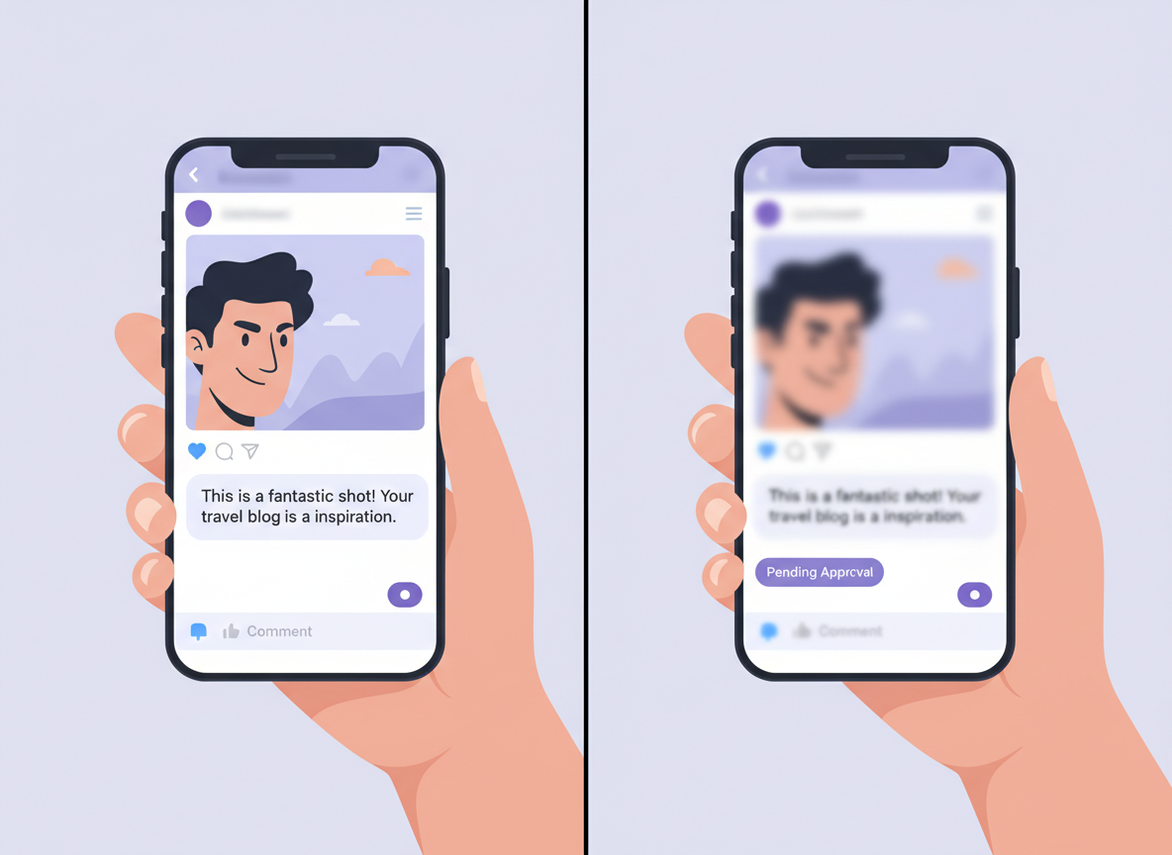 Block vs Unfollow vs Restrict on Instagram: A split-screen smartphone illustration showing the restrict feature in action. O